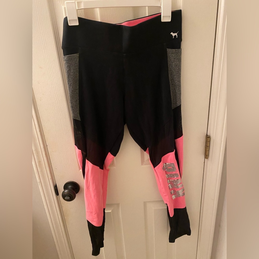 PINK -Victoria’s Secret, leggings. Size Large, pink, black, gray, mesh on legs.